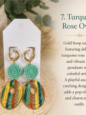 Gold Hoop Earrings with Turquoise Rose & Multicolor Striped Pendants